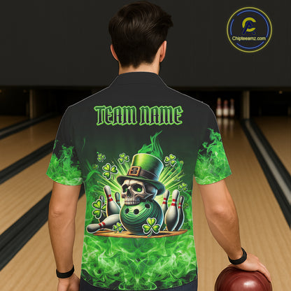 Green Flame Smoke St Patrick Day Eagle Skull Bowling Hawaiian shirt Custom Lucky Bowling Team Jersey NQS11286