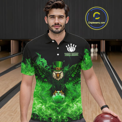 Green Flame Smoke St Patrick's Day Eagle Skull Men's Bowling Shirts Custom Lucky Bowling Team Jersey NQS11286