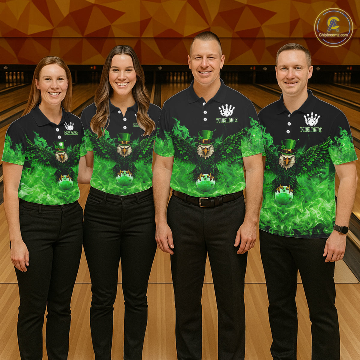 Green Flame Smoke St Patrick's Day Eagle Skull Men's Bowling Shirts Custom Lucky Bowling Team Jersey NQS11286