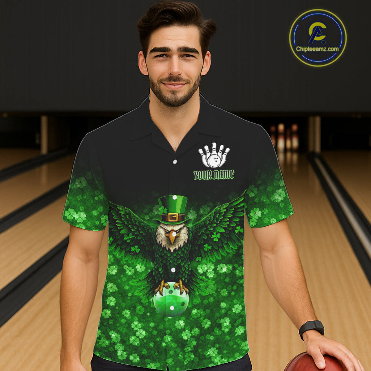 Green shamrock St Patrick's Day Eagle Skull Bowling Hawaiian shirt Custom Lucky Bowling Team Jersey NQS11287