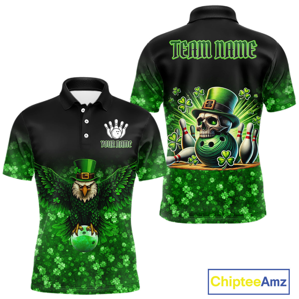 Green shamrock St Patrick's Day Eagle Skull Men's Bowling Shirts Custom Lucky Bowling Team Jersey NQS11287