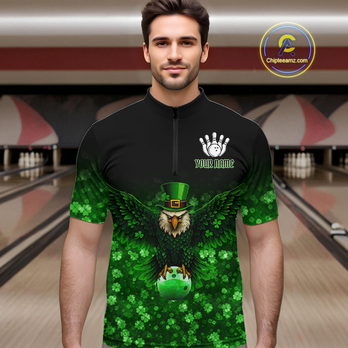 Green shamrock St Patrick's Day Eagle Skull Men's Bowling Shirts Custom Lucky Bowling Team Jersey NQS11287