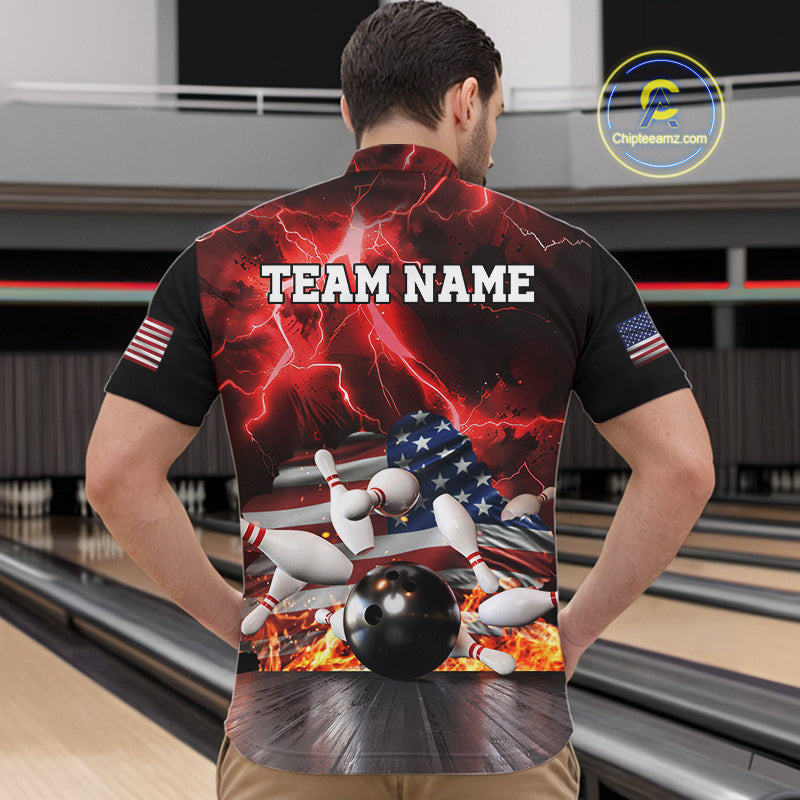 Red Lightning thunder storm American Flag Bowling Shirts For Men Custom Bowling Team League Jerseys NQS10290