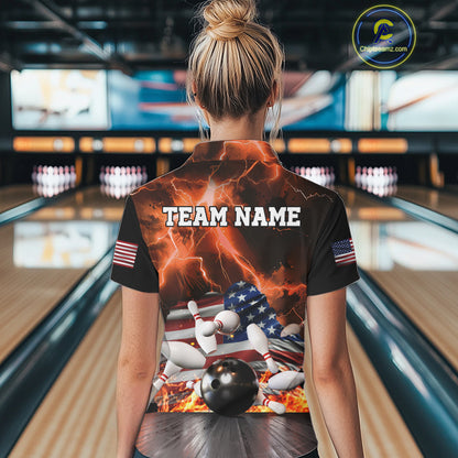 Orange Lightning thunder American Flag Bowling Shirt For Women Custom Bowling Team League Jersey NQS10291