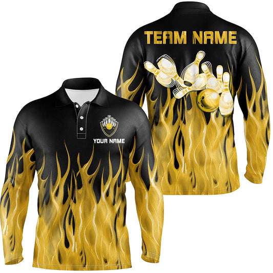 Personalized Men Polo, 1/4 Zip Bowling Shirt Yellow Flame Bowling Ball Pins bowling jersey for Bowler NQS8517