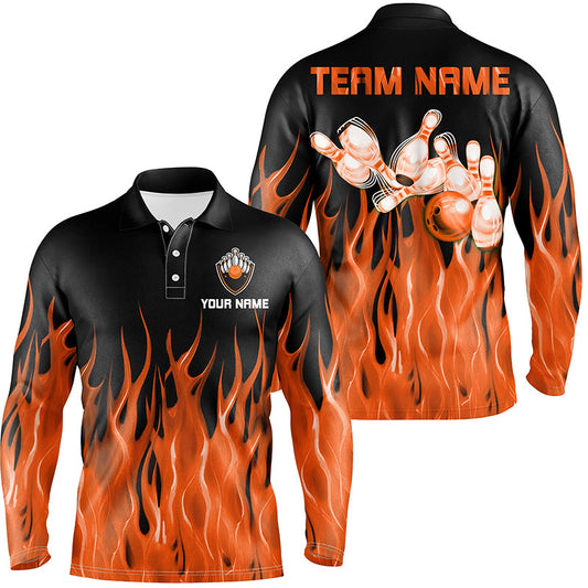 Personalized Men Polo, 1/4 Zip Bowling Shirt Orange Flame Bowling Ball Pins bowling jersey for Bowler NQS8518