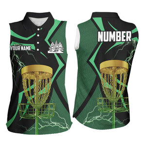Black green Women sleeveless polo shirt custom lightning thunder disc golf basket, disc golf gifts NQS8520