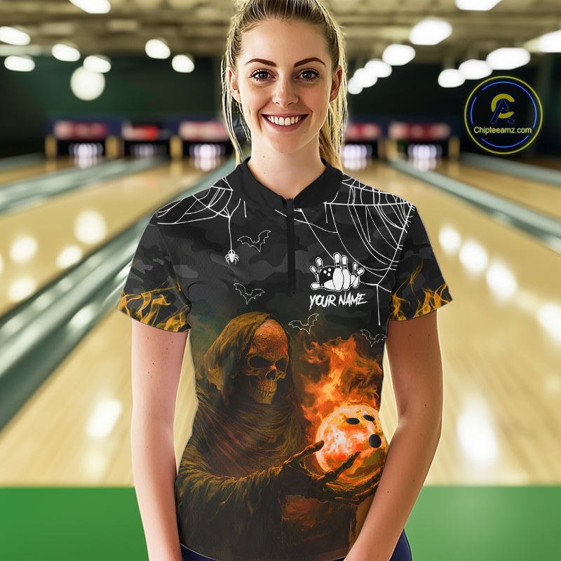 Black Bowling Camo Orange flame Skull Custom Halloween Bowling Shirts For Women, Bowling Team Jerseys NQS10705
