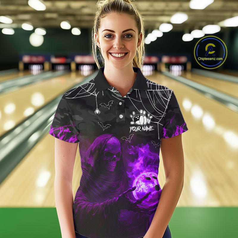 Black Bowling Camo Purple flame Skull Custom Halloween Bowling Shirts For Women, Bowling Team Jerseys NQS10706