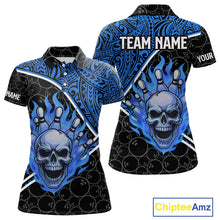 Load image into Gallery viewer, Black and Blue Flame Skull tribal pattern camo Bowling Shirts for Women Custom Bowling Team Jersey NQS10916