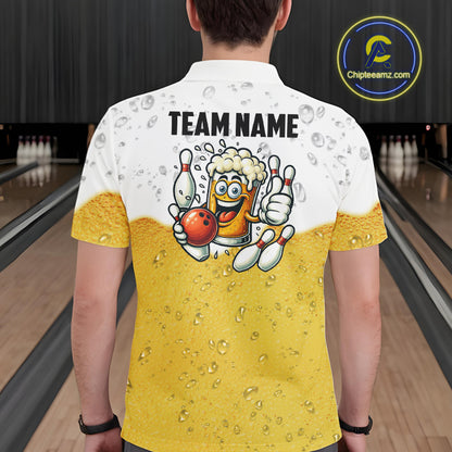 Custom White And Yellow Funny Beer Bowling Men Polo, Quarter Zip Shirts, Beer Glass Bowling Jersey NQS10918
