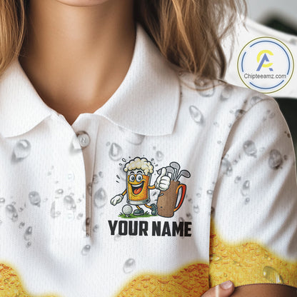 Custom White And Yellow Funny Beer Golf Polo Shirts For Women, Funny Beer Glass Ladies Golf Outfit NQS10919