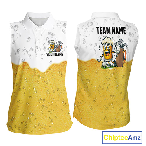 Custom White And Yellow Funny Beer Women Sleeveless Polo Shirt, Funny Beer Glass Ladies Golf Outfit NQS10919