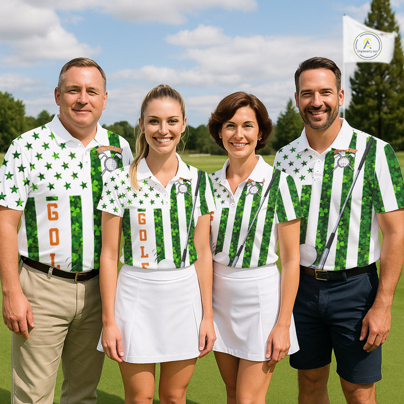 White, Green and Orange shamrock American Flag Women Golf polo shirts Custom St Patrick golf outfit NQS11297