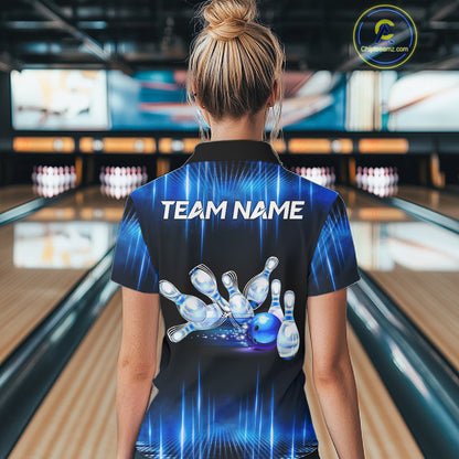 Black and Blue Bowling polo, Quarter zip Shirts for Women Custom Bowling Team jersey, Gift For Bowler NQS11299