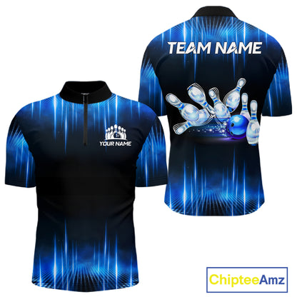 Black and Blue Bowling polo, Quarter zip Shirts for Men Custom Bowling Team jerseys, Gift For Bowler NQS11299