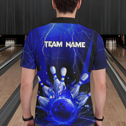 Blue Flame Lightning Thunder Bowling Polo, Quarter Zip Shirt For Men Custom Bowling Team Jersey NQS9425