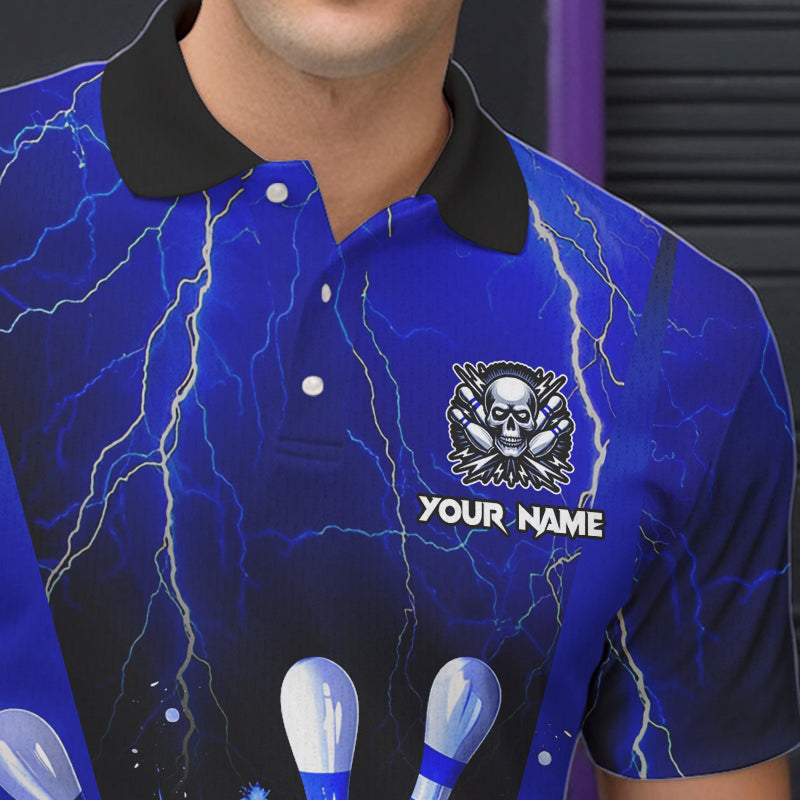 Blue Flame Lightning Thunder Bowling Polo, Quarter Zip Shirt For Men Custom Bowling Team Jersey NQS9425