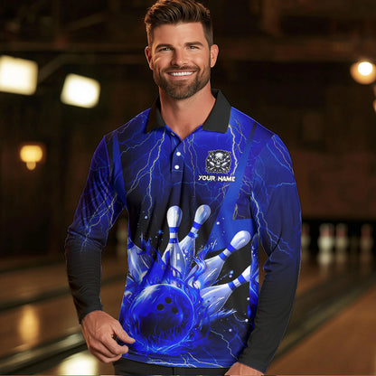 Blue Flame Lightning Thunder Bowling Polo, Quarter Zip Shirt For Men Custom Bowling Team Jersey NQS9425
