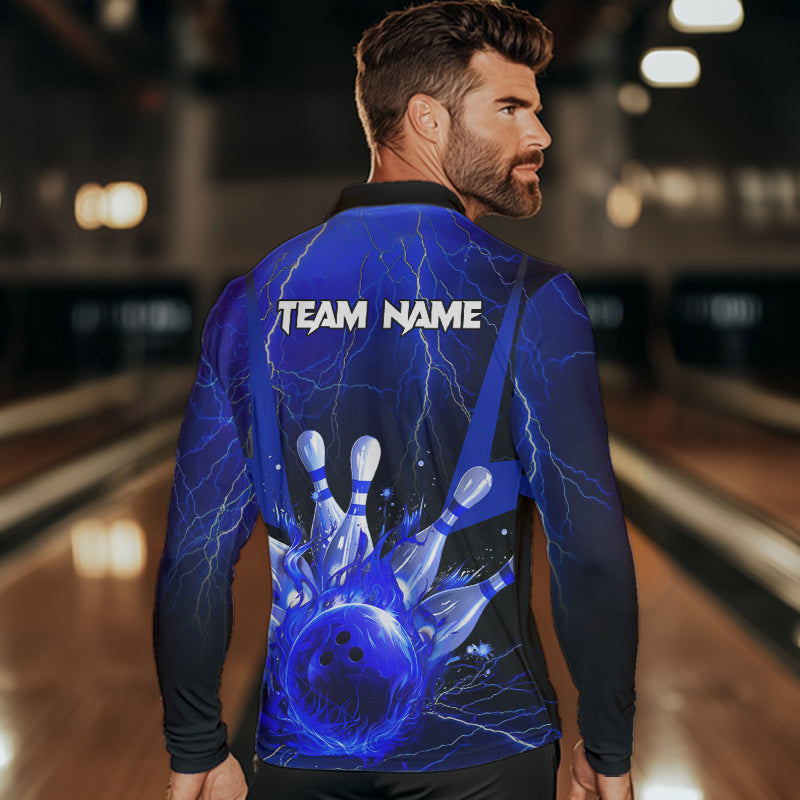Blue Flame Lightning Thunder Bowling Polo, Quarter Zip Shirt For Men Custom Bowling Team Jersey NQS9425