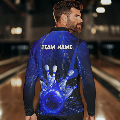 Blue Flame Lightning Thunder Bowling Polo, Quarter Zip Shirt For Men Custom Bowling Team Jersey NQS9425