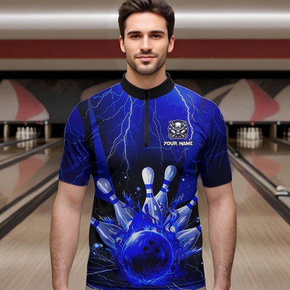 Blue Flame Lightning Thunder Bowling Polo, Quarter Zip Shirt For Men Custom Bowling Team Jersey NQS9425
