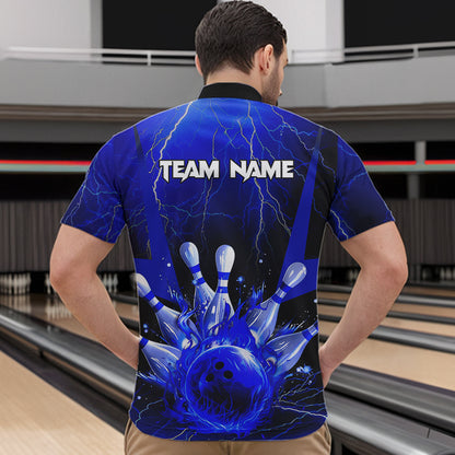 Blue Flame Lightning Thunder Bowling Polo, Quarter Zip Shirt For Men Custom Bowling Team Jersey NQS9425