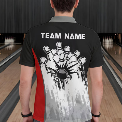 Black and White Skull Bowling Polo, Quarter Zip Shirts For Men Custom Bowling Team Jerseys | Red NQS9587