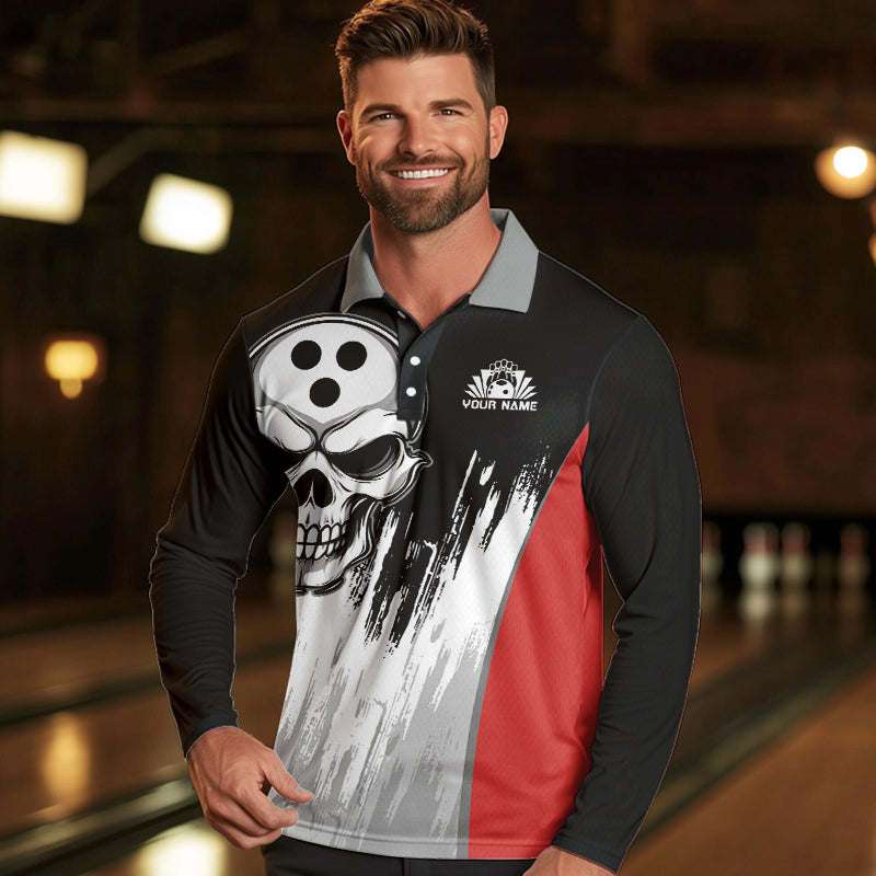 Black and White Skull Bowling Polo, Quarter Zip Shirts For Men Custom Bowling Team Jerseys | Red NQS9587