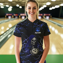 Load image into Gallery viewer, Black and Blue Lightning Thunder Skull reaper Bowling Shirts For Women Custom Bowling Team Jerseys NQS9590