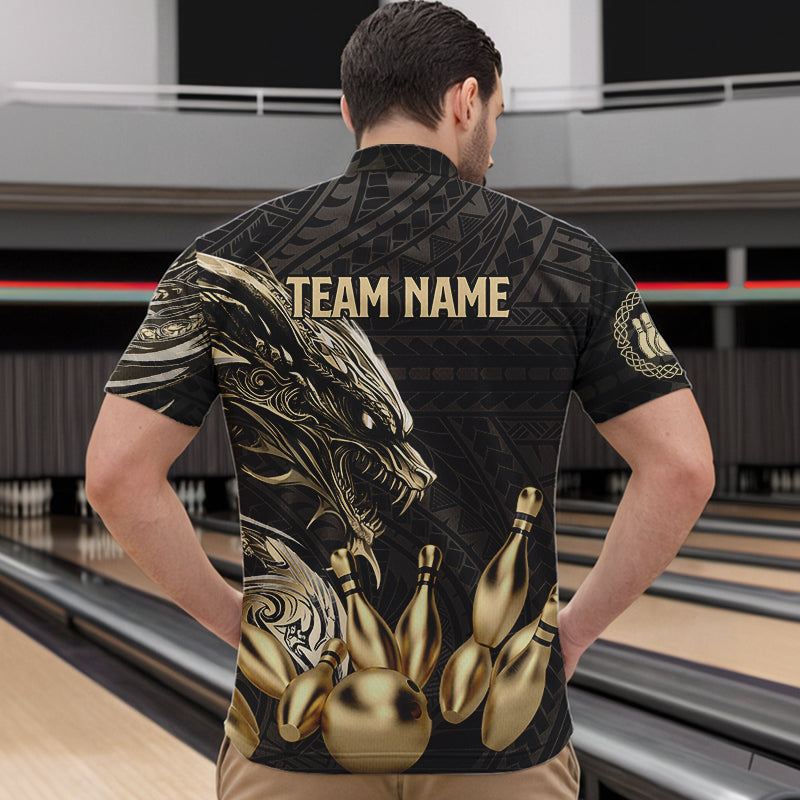 Black and Gold Dragon Tribal Bowling Polo, 1/4 Zip Shirts For Men Custom Retro Bowling Team Jerseys NQS9591