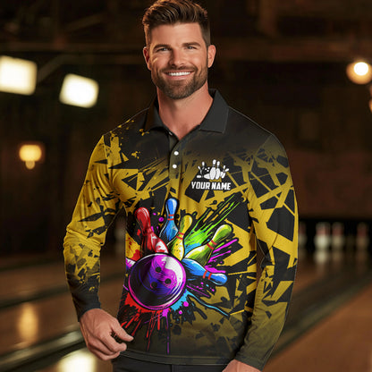 Colorful bowling jerseys Polo, 1/4 Zip Shirt for Men Custom Bowling Team shirts for bowler | Yellow NQS9728