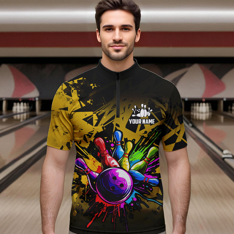 Colorful bowling jerseys Polo, 1/4 Zip Shirt for Men Custom Bowling Team shirts for bowler | Yellow NQS9728