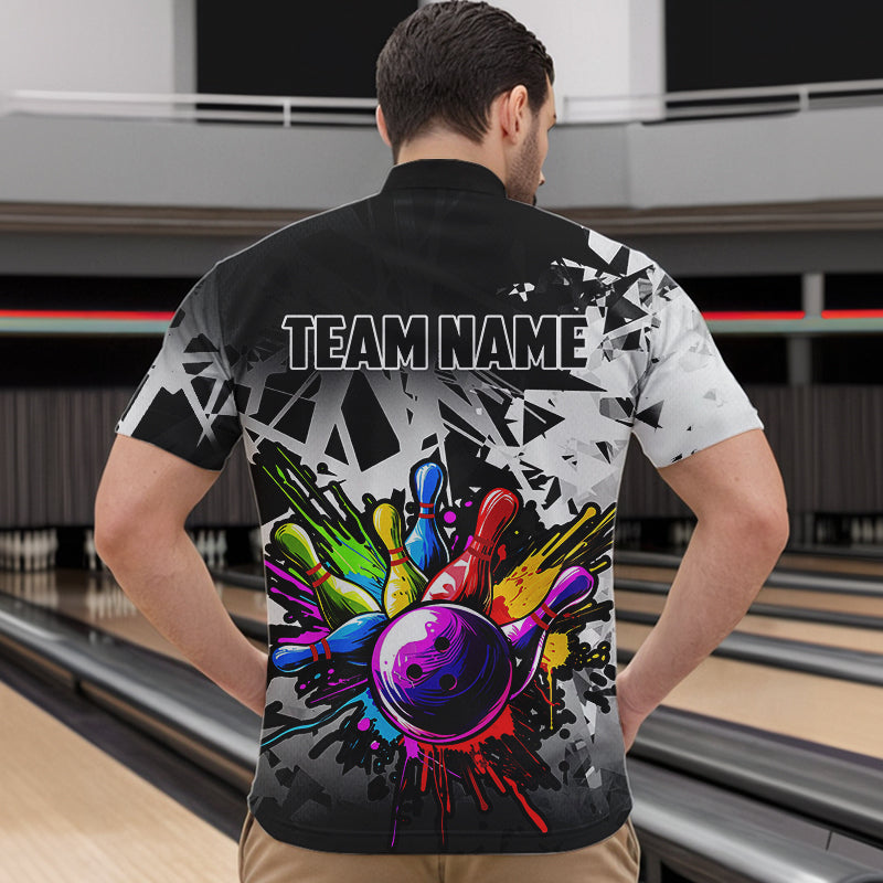 Colorful bowling jerseys Polo, 1/4 Zip Shirt for Men Custom Bowling Team shirts for bowler | White NQS9729