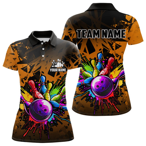 Colorful bowling jersey Polo, 1/4 Zip Shirt for Women Custom Bowling Team shirts for bowler| Orange NQS9730