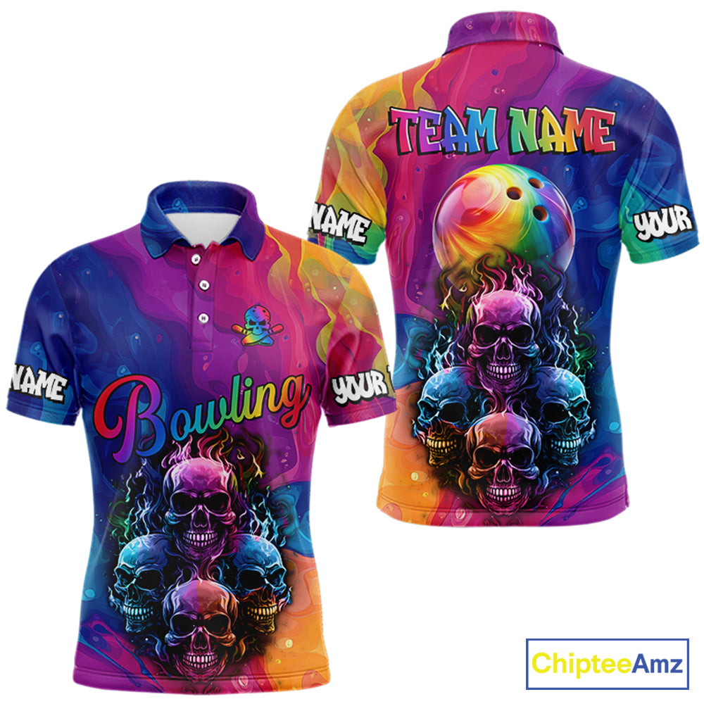 Colorful Rainbow Flame Skull Bowling Polo, Quarter Zip Shirts for Men Custom Bowling Team Jerseys NQS9731