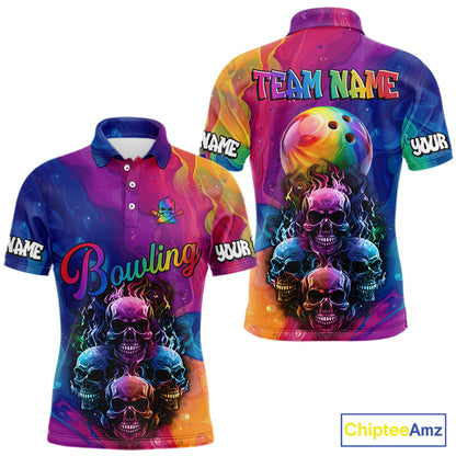 Colorful Rainbow Flame Skull Bowling Polo, Quarter Zip Shirts for Men Custom Bowling Team Jerseys NQS9731