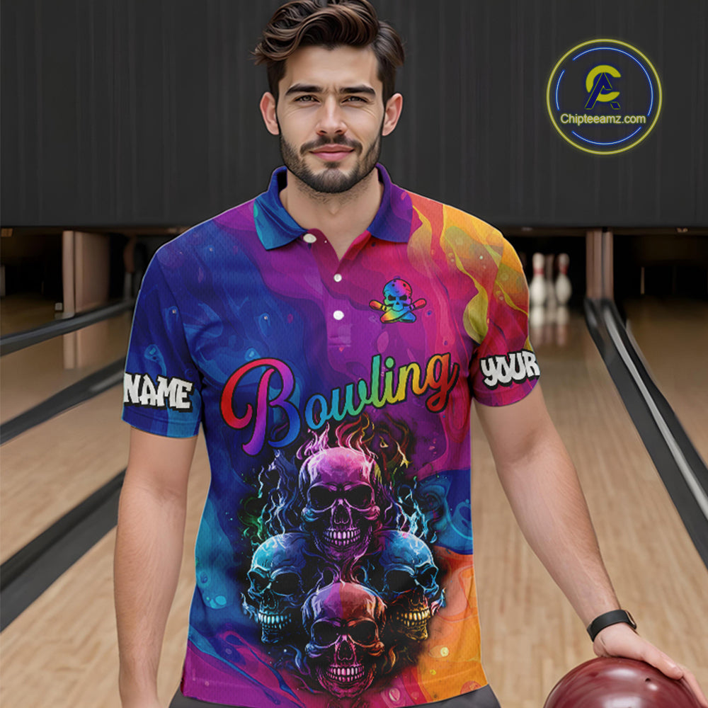 Colorful Rainbow Flame Skull Bowling Polo, Quarter Zip Shirts for Men Custom Bowling Team Jerseys NQS9731