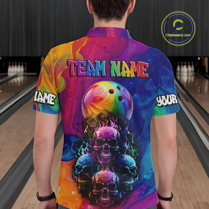 Colorful Rainbow Flame Skull Bowling Polo, Quarter Zip Shirts for Men Custom Bowling Team Jerseys NQS9731