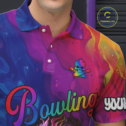 Colorful Rainbow Flame Skull Bowling Polo, Quarter Zip Shirts for Men Custom Bowling Team Jerseys NQS9731