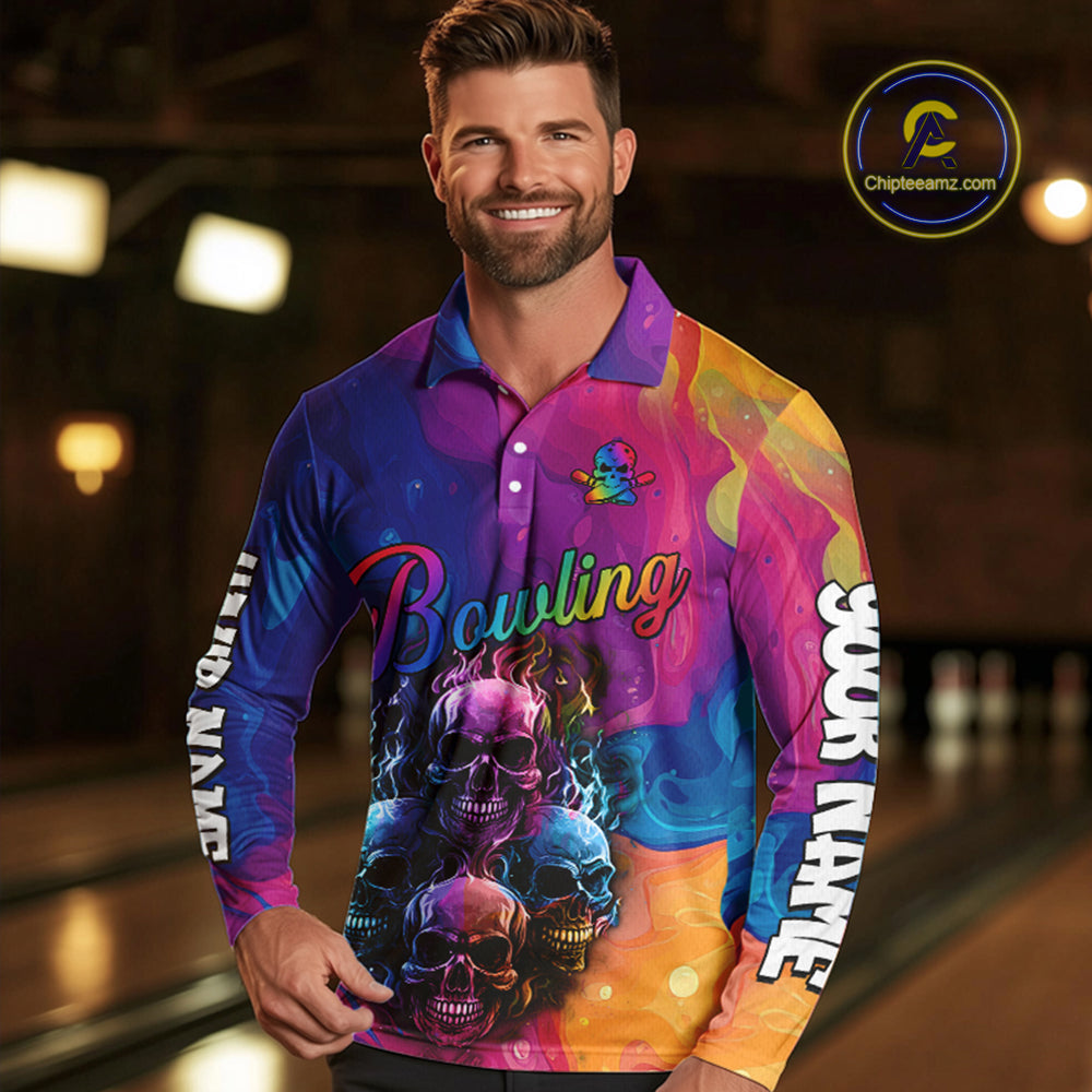 Colorful Rainbow Flame Skull Bowling Polo, Quarter Zip Shirts for Men Custom Bowling Team Jerseys NQS9731
