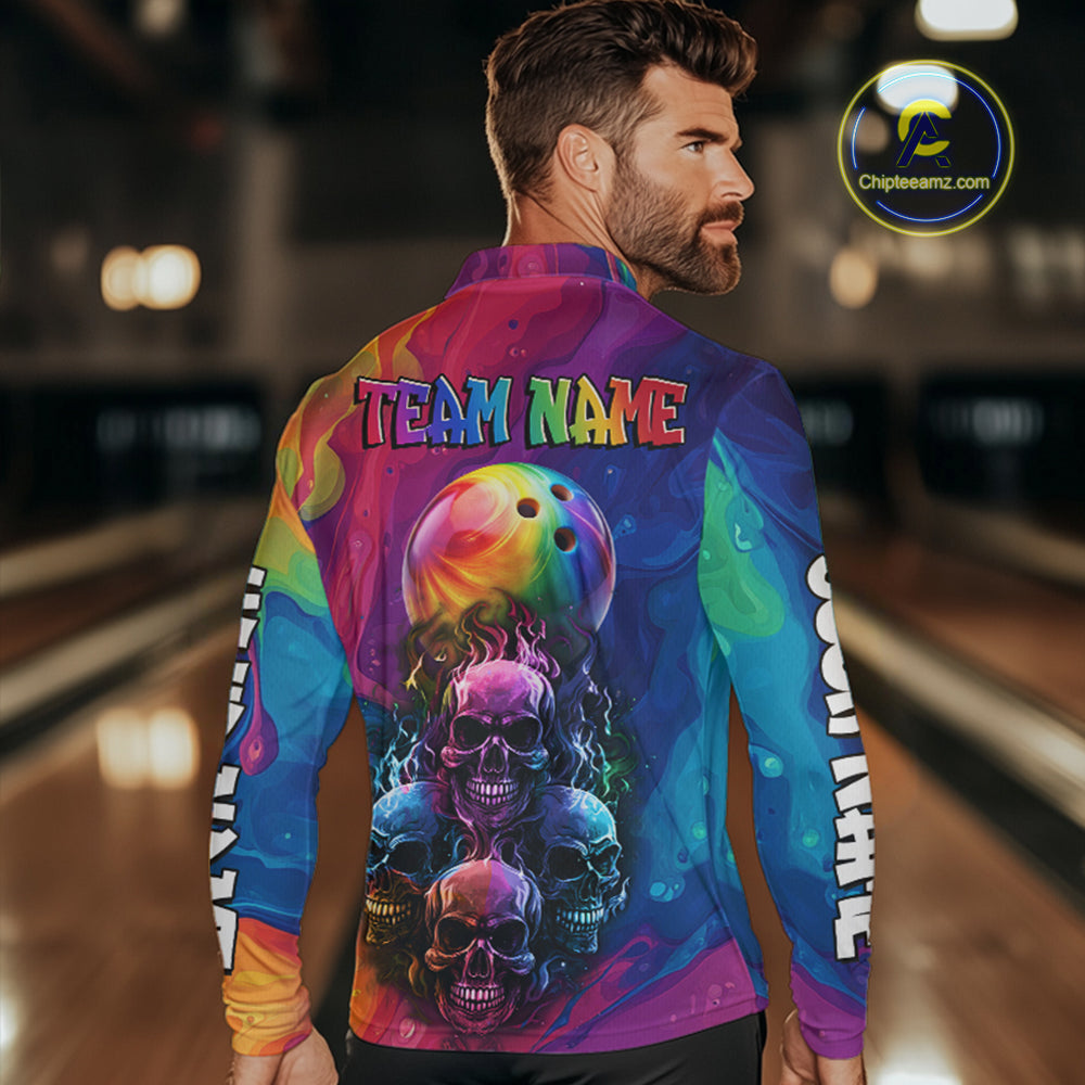 Colorful Rainbow Flame Skull Bowling Polo, Quarter Zip Shirts for Men Custom Bowling Team Jerseys NQS9731