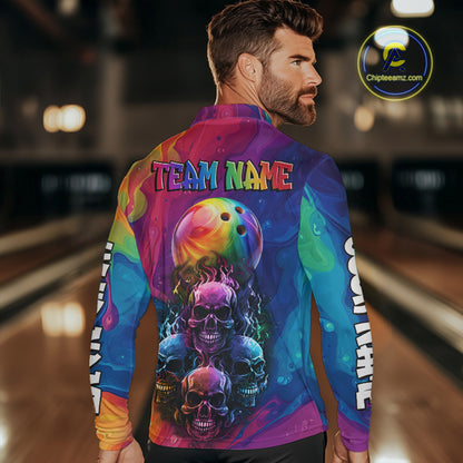Colorful Rainbow Flame Skull Bowling Polo, Quarter Zip Shirts for Men Custom Bowling Team Jerseys NQS9731