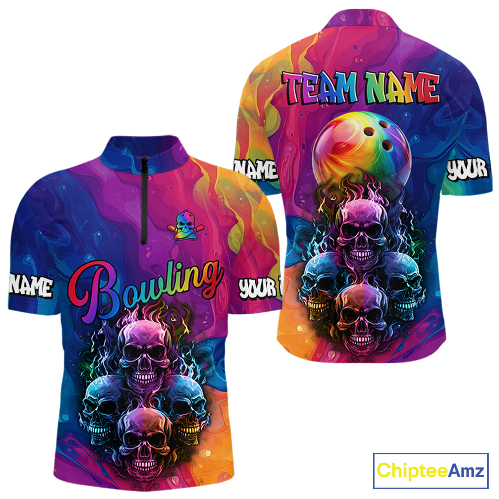Colorful Rainbow Flame Skull Bowling Polo, Quarter Zip Shirts for Men Custom Bowling Team Jerseys NQS9731