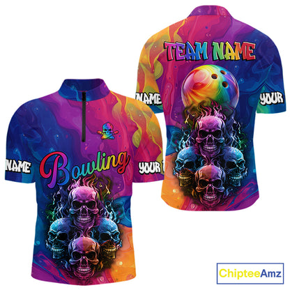 Colorful Rainbow Flame Skull Bowling Polo, Quarter Zip Shirts for Men Custom Bowling Team Jerseys NQS9731