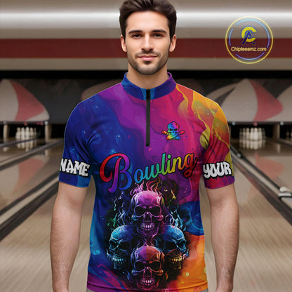 Colorful Rainbow Flame Skull Bowling Polo, Quarter Zip Shirts for Men Custom Bowling Team Jerseys NQS9731
