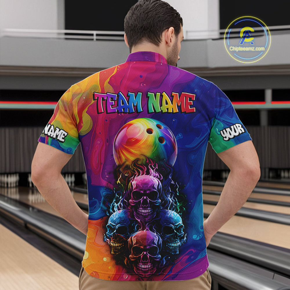 Colorful Rainbow Flame Skull Bowling Polo, Quarter Zip Shirts for Men Custom Bowling Team Jerseys NQS9731