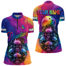 Load image into Gallery viewer, Colorful Rainbow Flame Skull Bowling Polo, Quarter Zip Shirts for Women Custom Bowling Team Jerseys NQS9731
