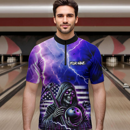 Purple American Flag Lightning Thunder Storm Reaper Bowling Shirt For Men Custom Bowling Team Jersey NQS9732
