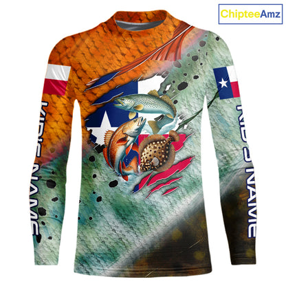 Texas slam redfish trout flounder scales Texas flag Custom patriotic fishing long sleeve shirts NQS10163